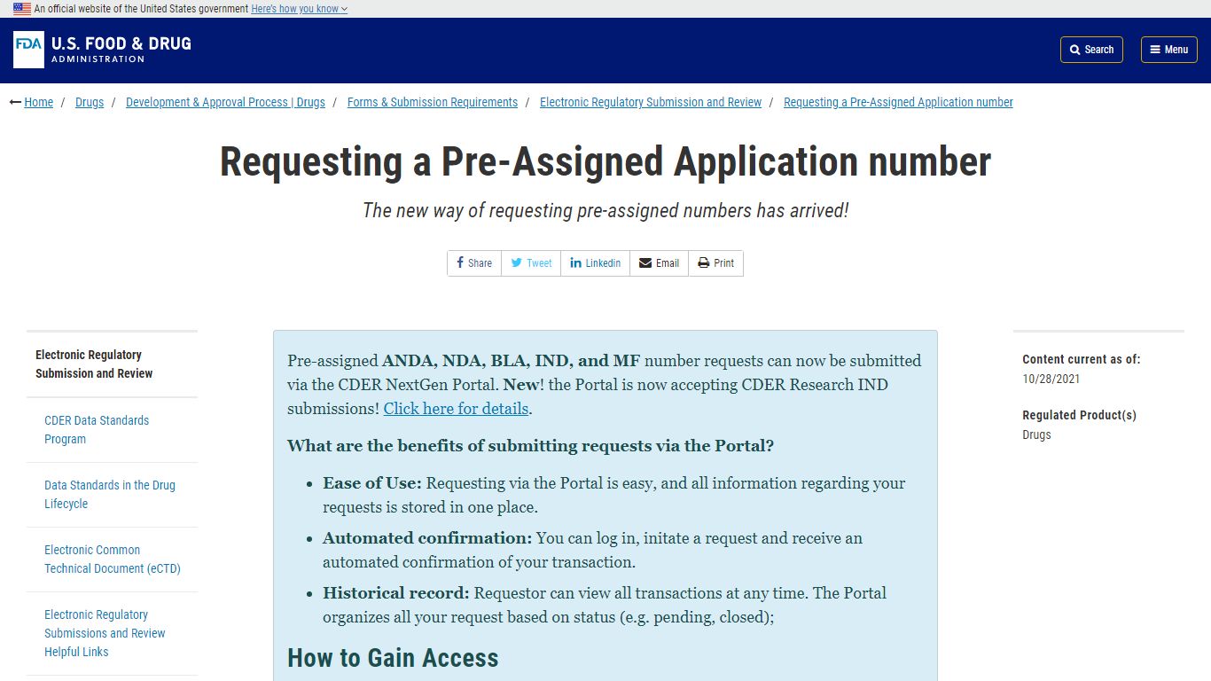 Requesting a Pre-Assigned Application number | FDA